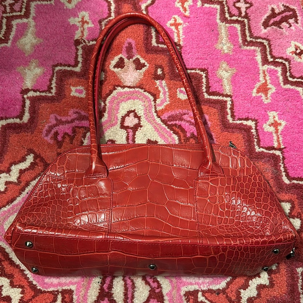 ♥️♥️♥️Furla Croc embossed red leather handbag shoulder purse Made in Italy